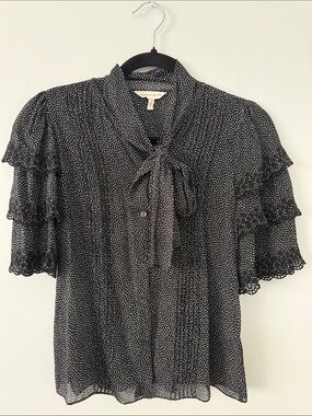 Rebecca Taylor Silk Black and White Polka Dot Tie-Neck Ruffle Sleeve Blouse